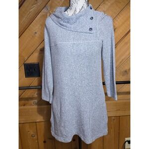 Cowl Neck Button Detail Knit Tunic Sweater Grey Heathered 3/4 Sleeve Women Small